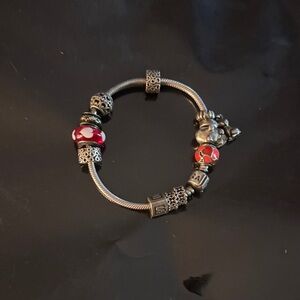 Pandora Silver Bracelet with Red and silver Beads